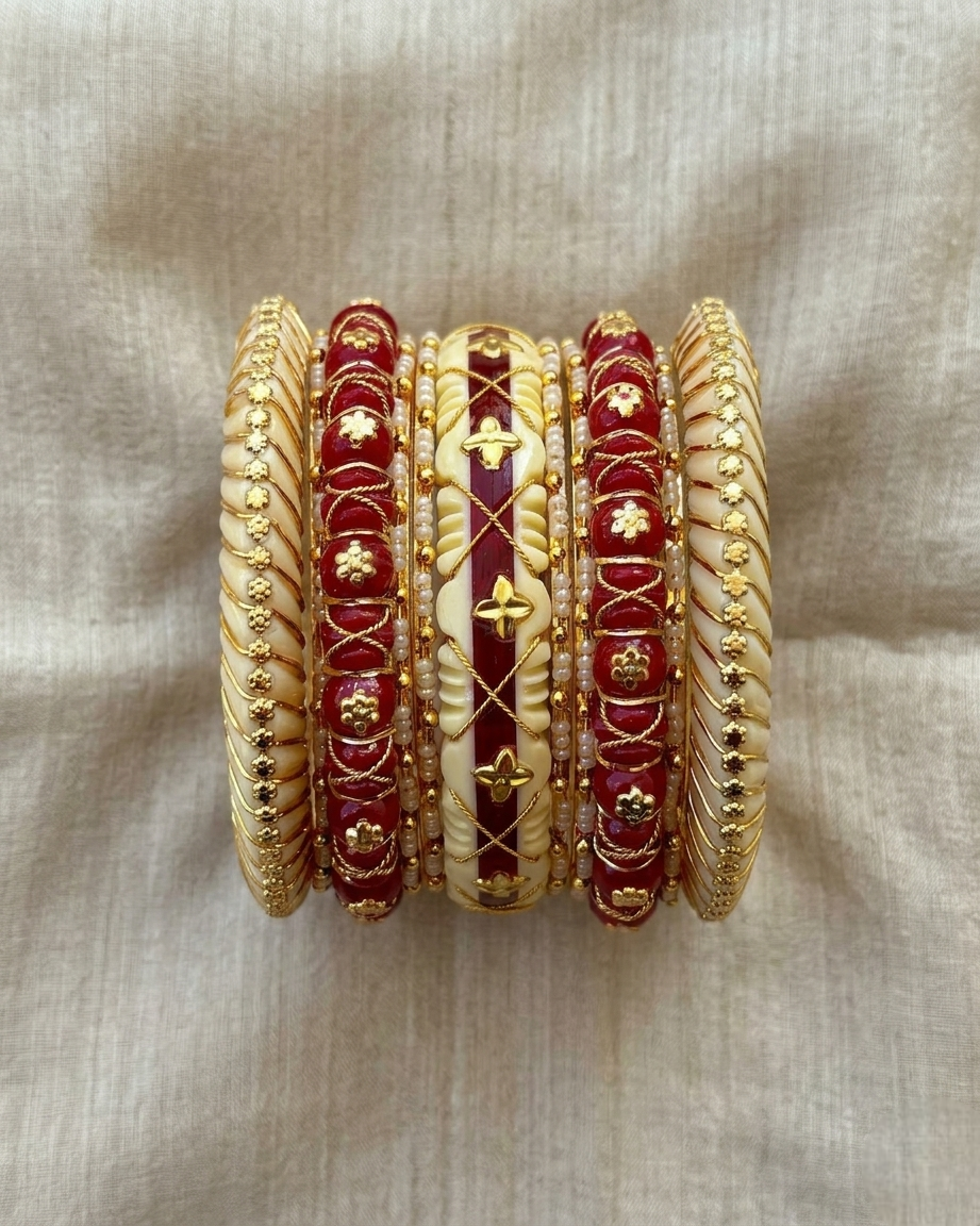 Ruby &amp; Cream Lac Bangle Set