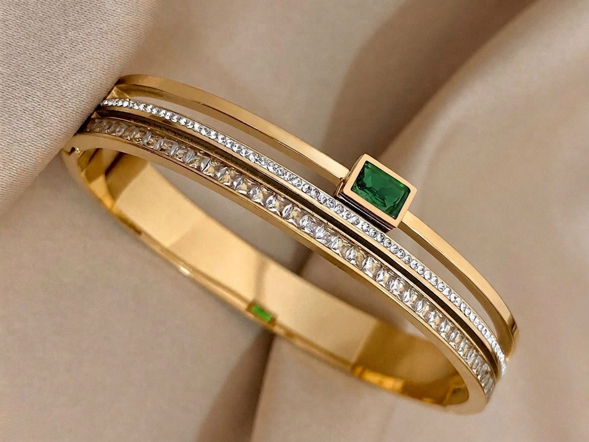 Emerald &amp; Diamond Triple-Row Gold-Plated Bangle