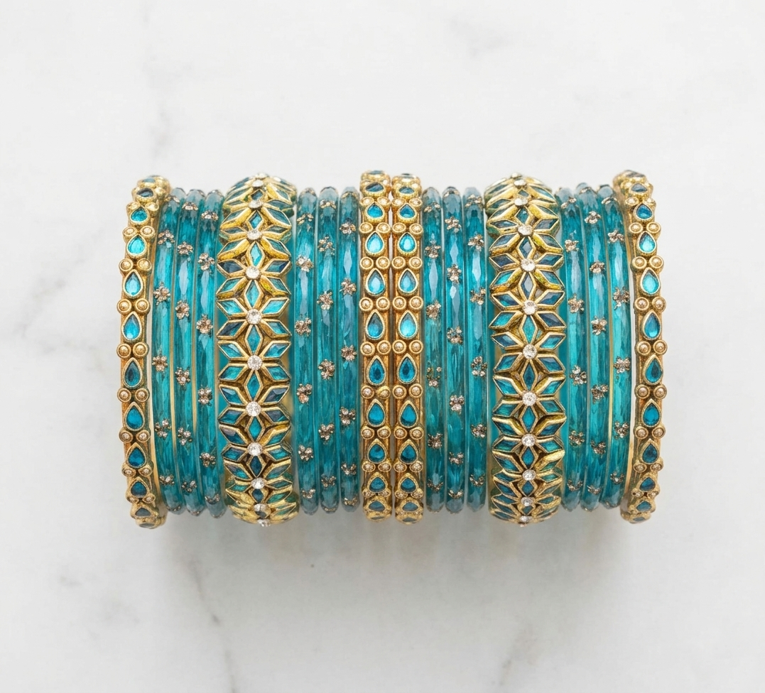 Azure Blossom Kundan Bangle Set