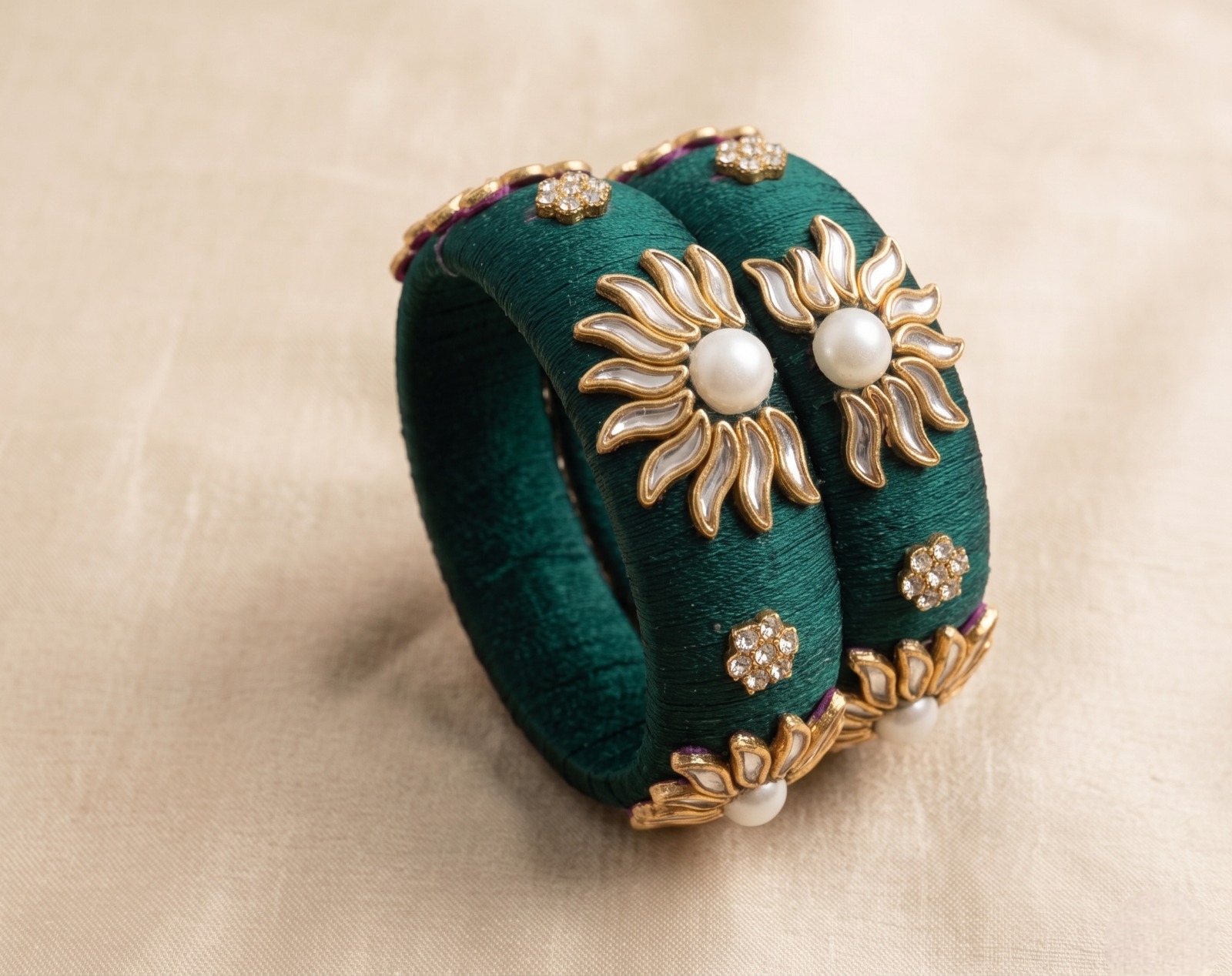 Emerald Grace Handcrafted Kundan &amp; Pearl Silk Bangle