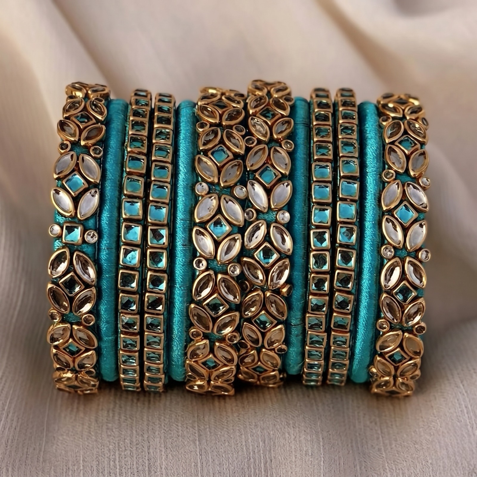 The Turquoise Bloom Kundan Bangle Set