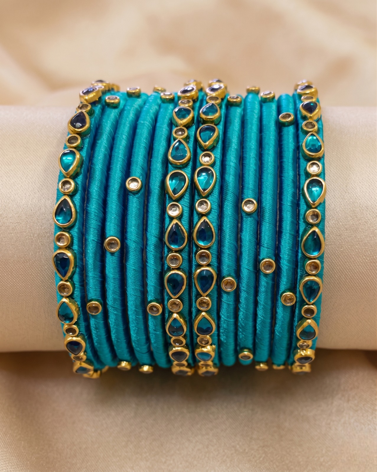 Ocean Teal Silk &amp; Kundan Bangle Set