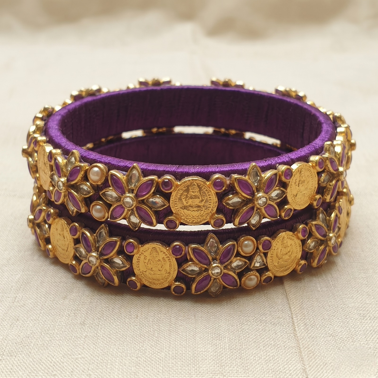 Lakshmi-Kundan Coin &amp; Silk Floral Kada Set