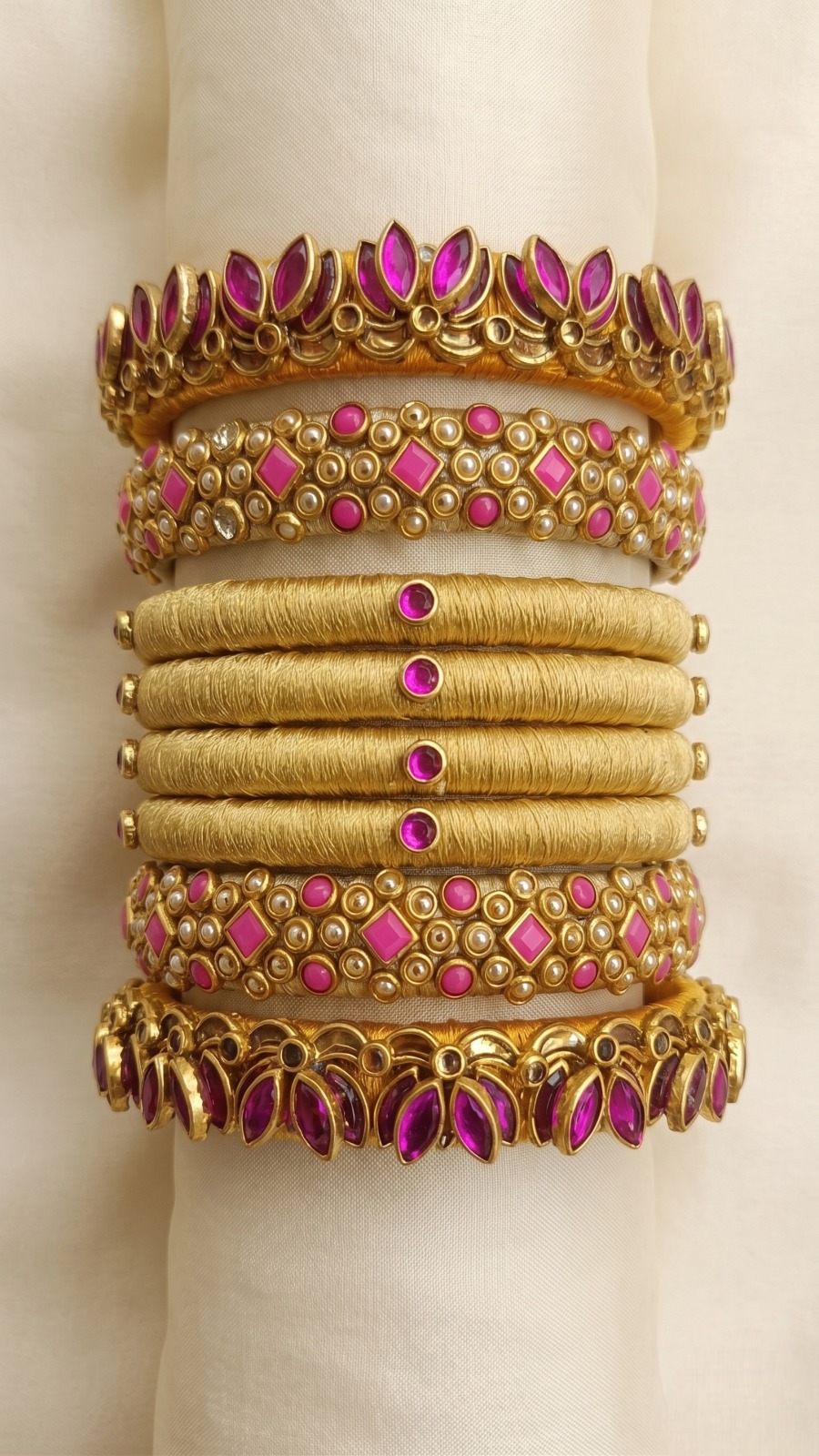 Ruby-Pink Kundan &amp; Silk Thread Bangle Chura Set