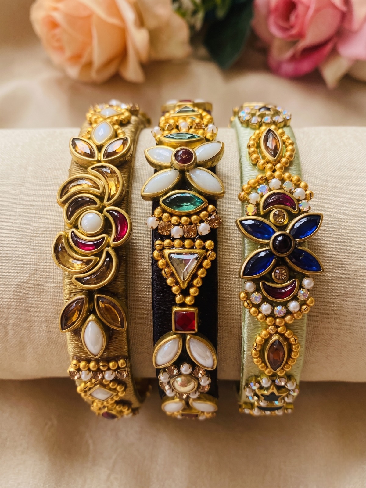 The Rajwadi Kundan &amp; Polki Silk Bangle Set